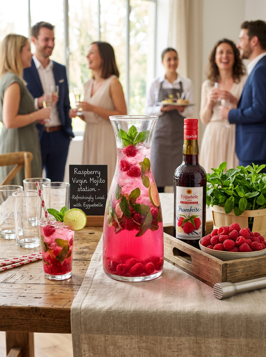 Grande carafe en verre remplie de virgin mojito framboise rose intense, framboises fraîches flottantes visibles dans la carafe, menthe fraîche abondante, bouteille de sirop fram